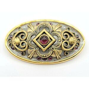 Michal Golan Etruscan Oval Ornate Purple Stone Enamel Brooch Pendant Signed